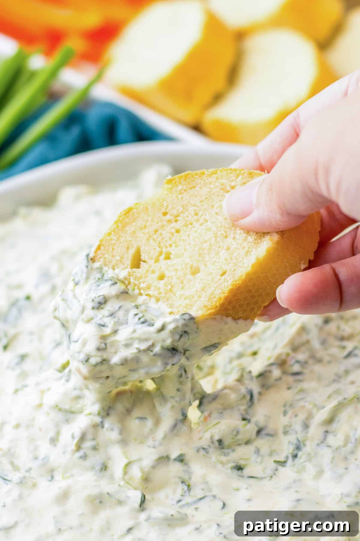 Piece of bread being dipped in cold spinach dip.