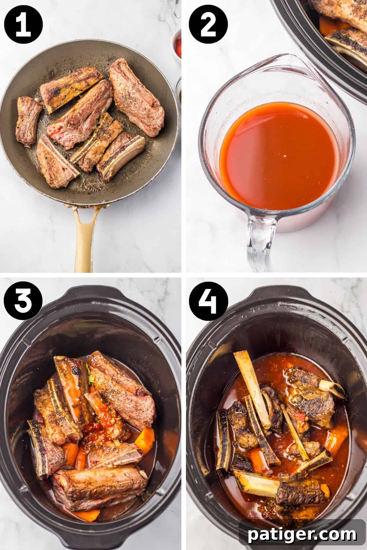 A four-image collage illustrating the step-by-step process of making beef short ribs in a crockpot. 1: Perfectly browned ribs in a skillet. 2: A mixing bowl with the savory sauce ingredients combined. 3: Seared ribs placed in the crockpot over chopped vegetables, with the sauce poured over. 4: The finished, tender braised short ribs after slow cooking.