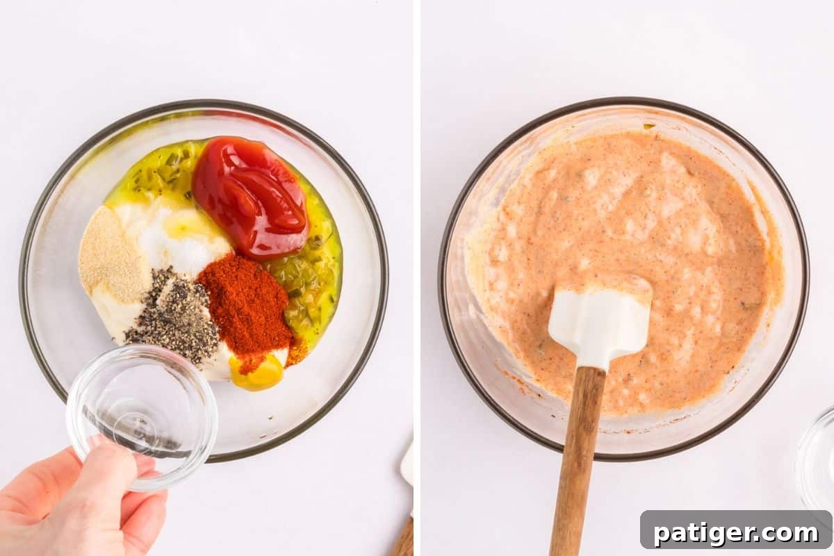 Two-image collage displaying the ingredients for copycat Big Mac sauce in a bowl, first before stirring and then after being perfectly combined.