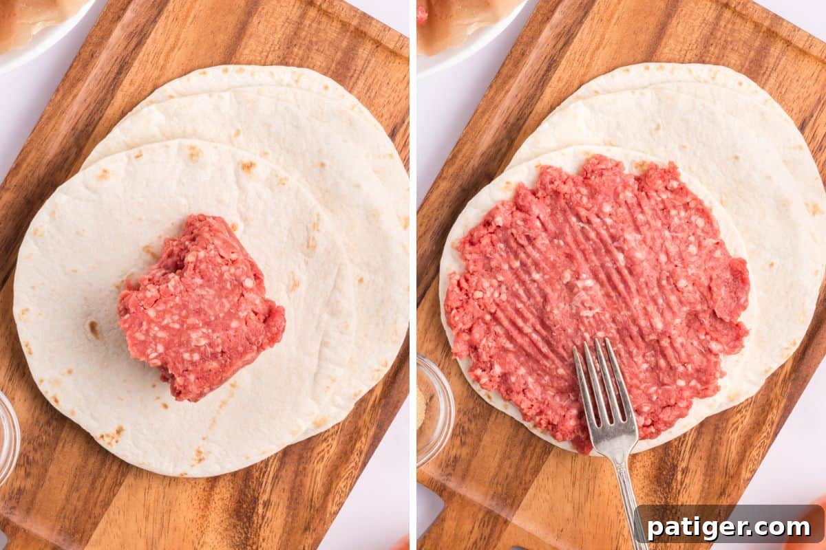 Two-image collage showing ground beef being placed on a tortilla and then expertly smashed down and spread thin with a fork.
