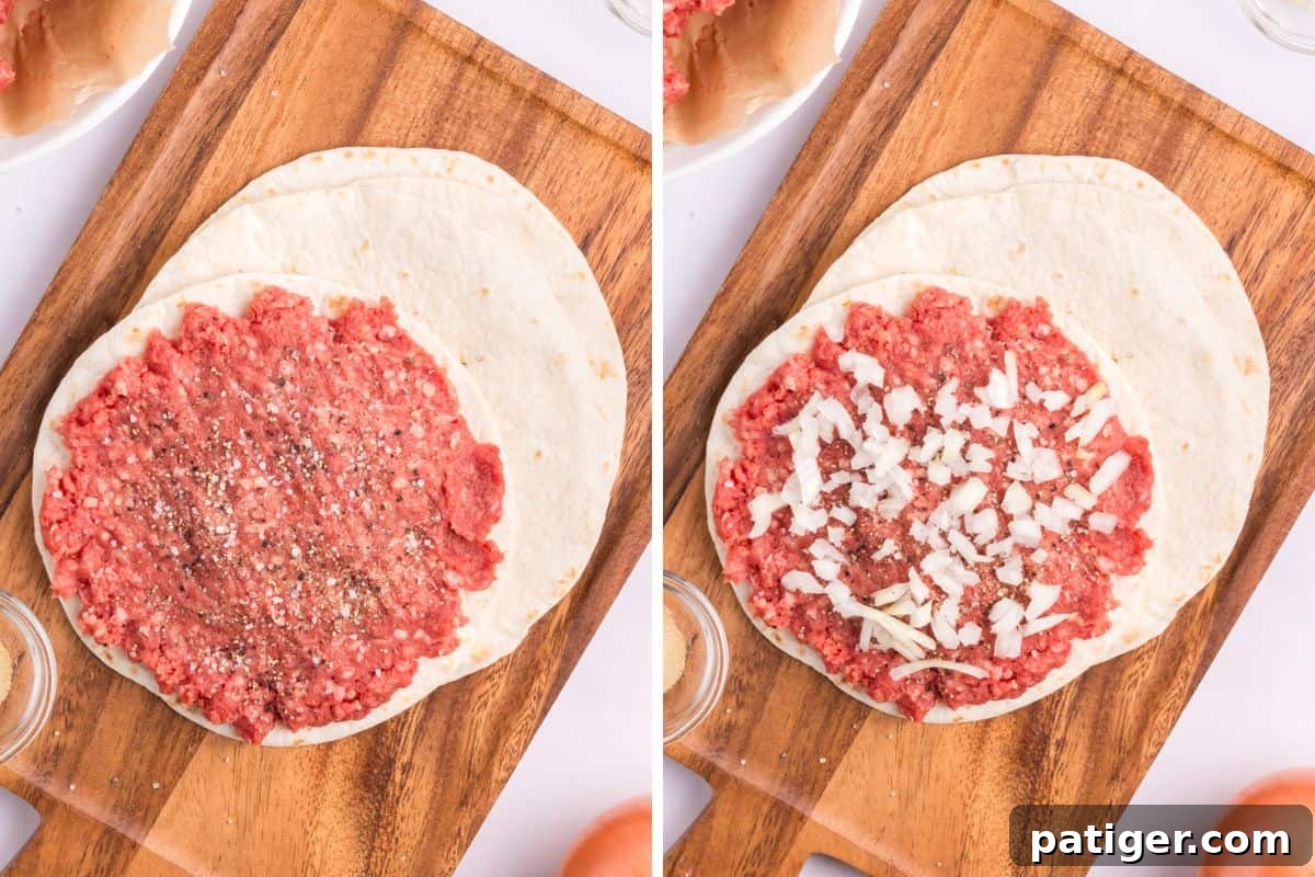 Two-image collage depicting ground beef on a tortilla, first unseasoned and then seasoned with spices and chopped onion pressed onto the surface.