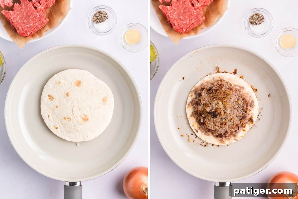 Two-image collage: The first shows a Big Mac taco cooking beef-side down in a skillet. The second image shows the taco flipped over after the beef has cooked, revealing a perfectly browned patty.