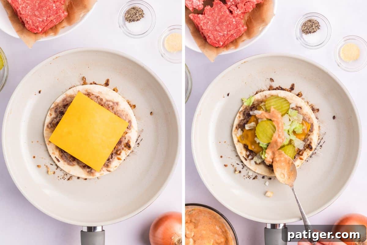 Two-image collage depicting the assembly of a Big Mac smash taco: first with a slice of American cheese melting on the patty, and second, fully assembled with lettuce, pickles, and Big Mac sauce.