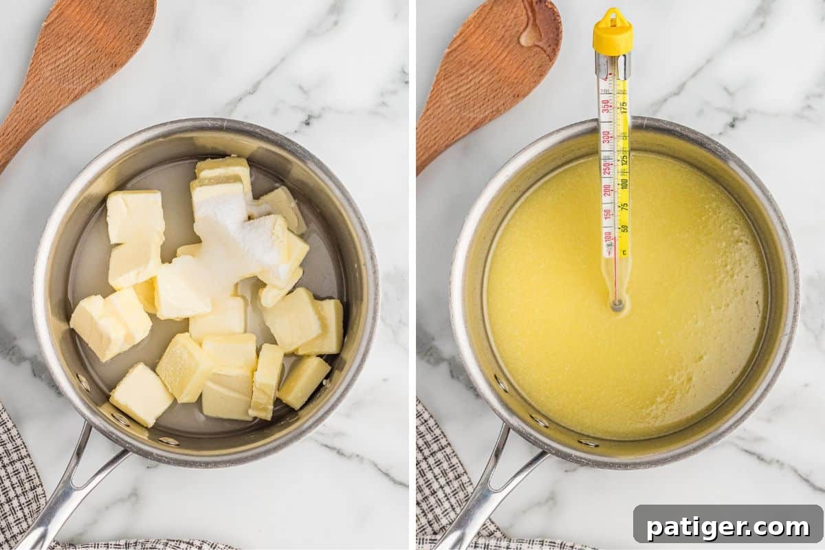Two-step process photo showing butter and sugar in heavy bottom saucepan with wooden spoon and then the buttery mixture after having melted and a thermometer being inserted.