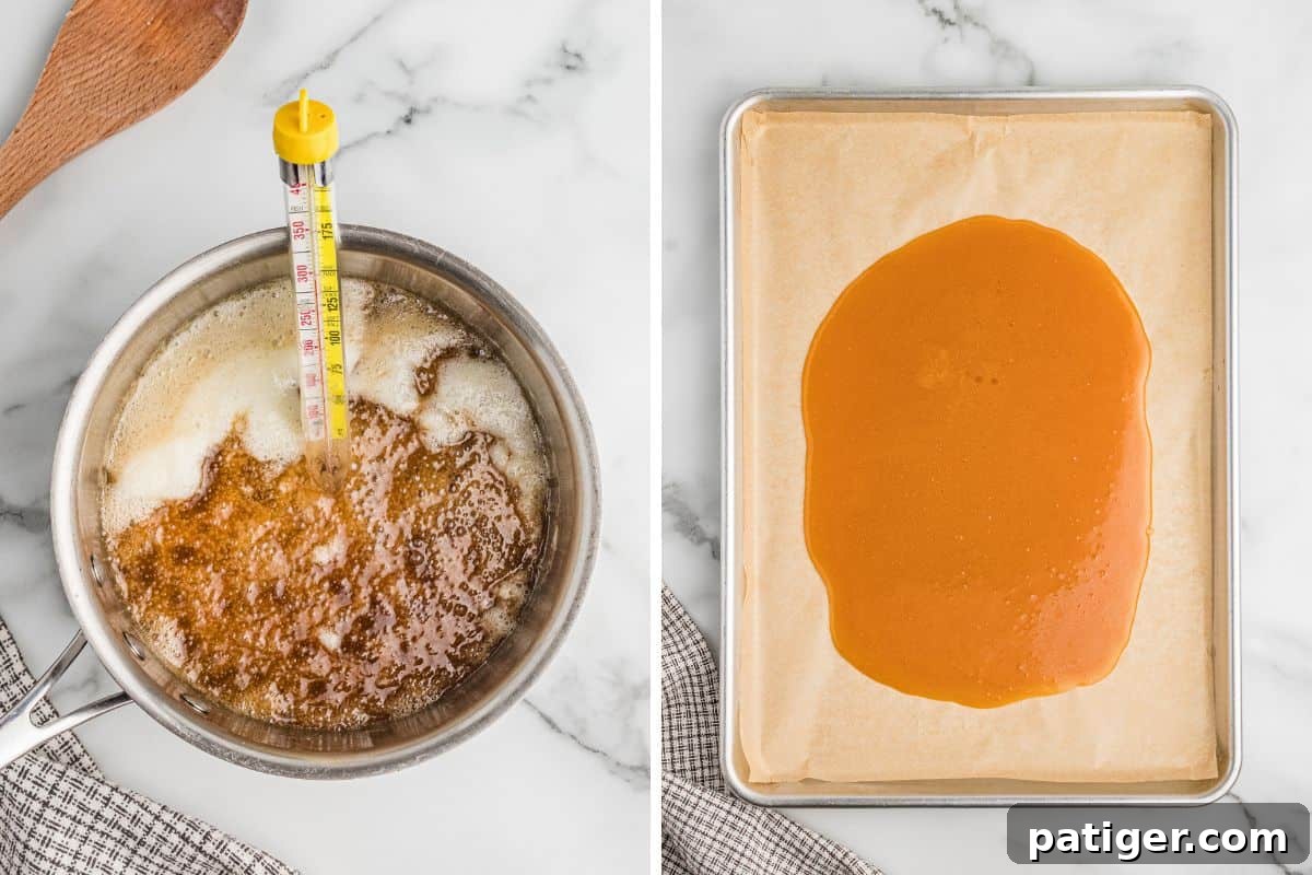 Two-step process collage showing amber colored butter and sugar mixture bubbling in a saucepan with a thermometer and then the mixture poured onto a parchment-lined baking sheet to form the base for English toffee.