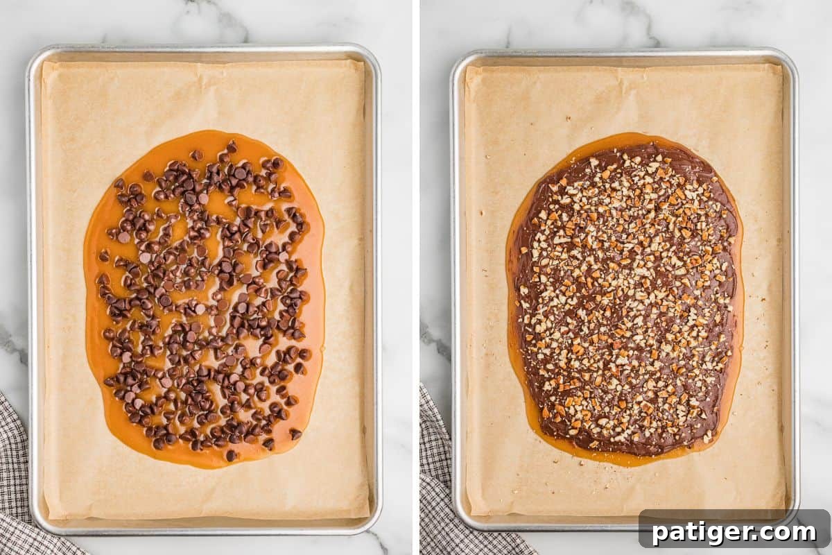 Two-step process collage showing semi-sweet chocolate chips melting on hot toffee and then spread into a smooth chocolate layer and topped with chopped pecans.