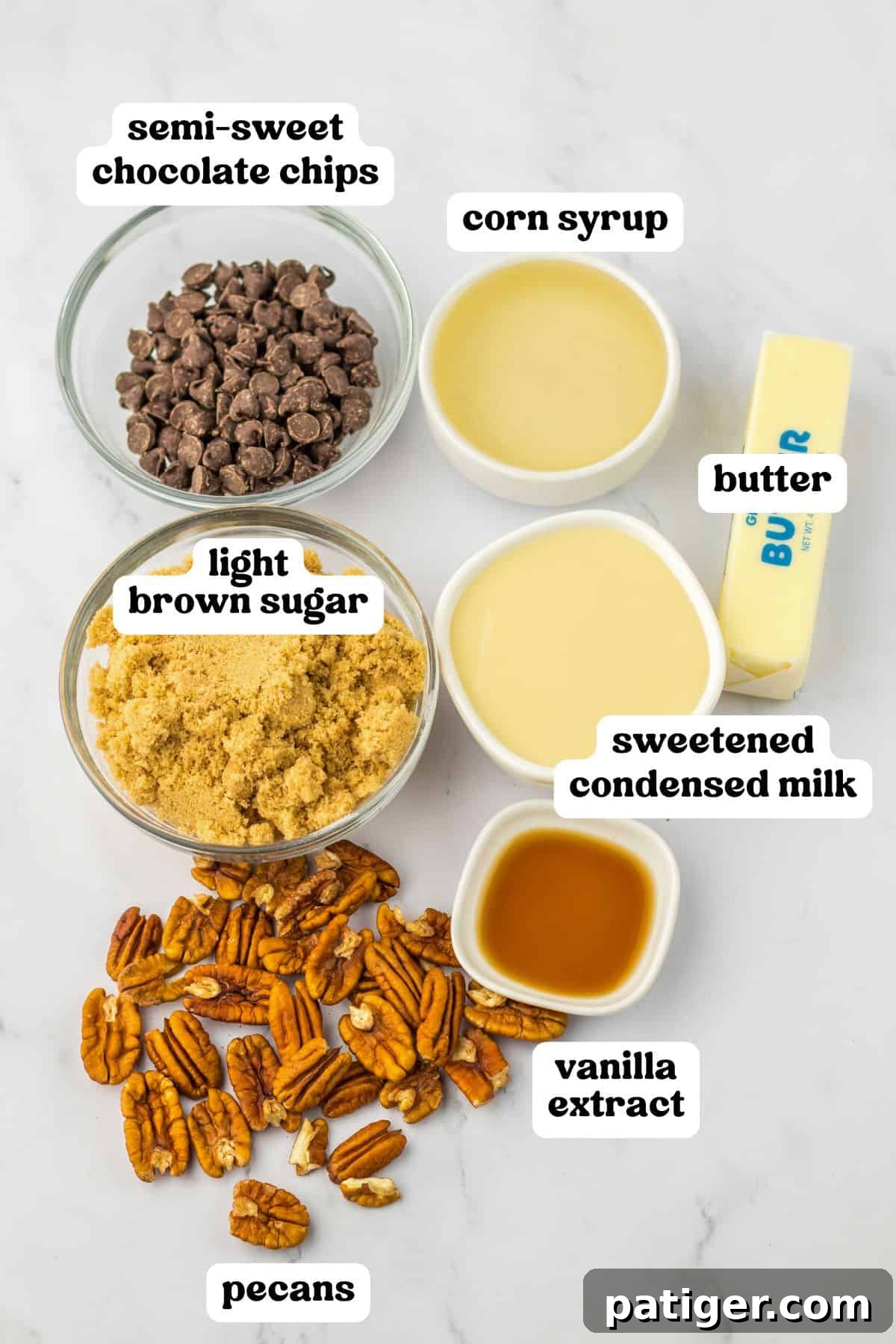 Ingredients for pecan turtle candy, including milk chocolate chips, pecans, light brown sugar, corn syrup, sweetened condensed milk, butter, and vanilla extract.