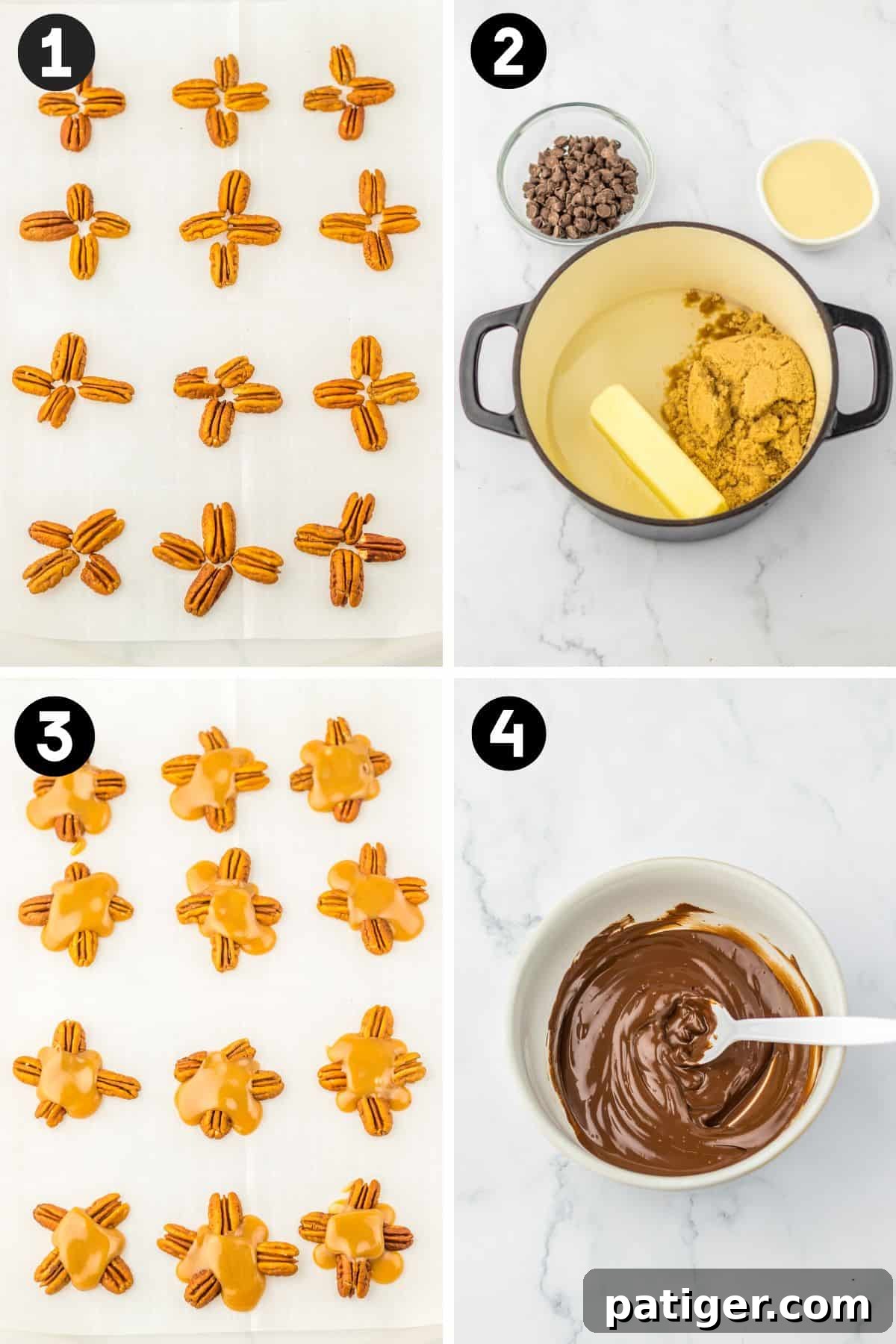 Step-by-step process of making pecan turtle candy, showing pecans arranged, caramel added, and melted chocolate preparation.
