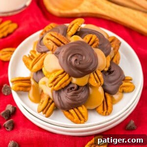 Homemade pecan turtle candy piled on a plate, combining pecans, caramel, and chocolate for a classic dessert.