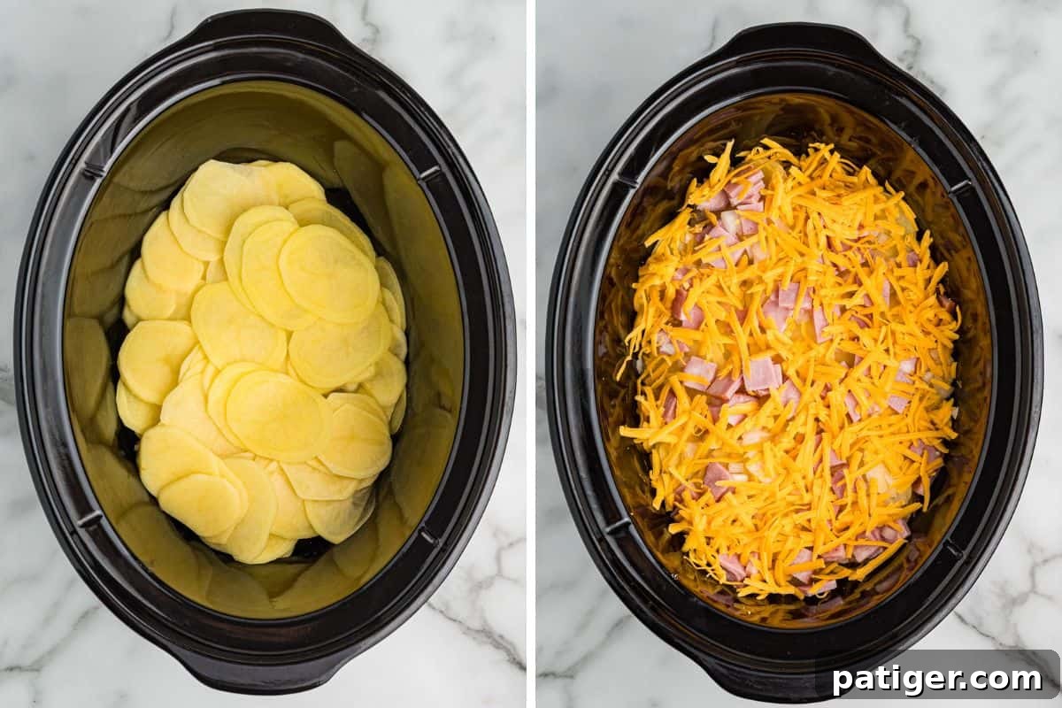 A 2-image collage of a slow cooker: the left side shows thinly sliced raw potatoes layered inside, and the right side shows the same slow cooker filled with shredded cheddar cheese and diced ham.
