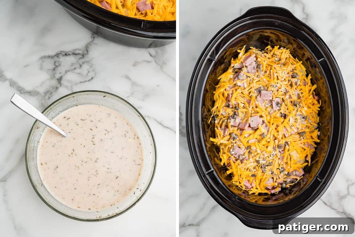 A split image showing a bowl of creamy white sauce with herbs and a spoon on the left, and the sauce poured over the potatoes, ham, and cheese in the crockpot on the right.