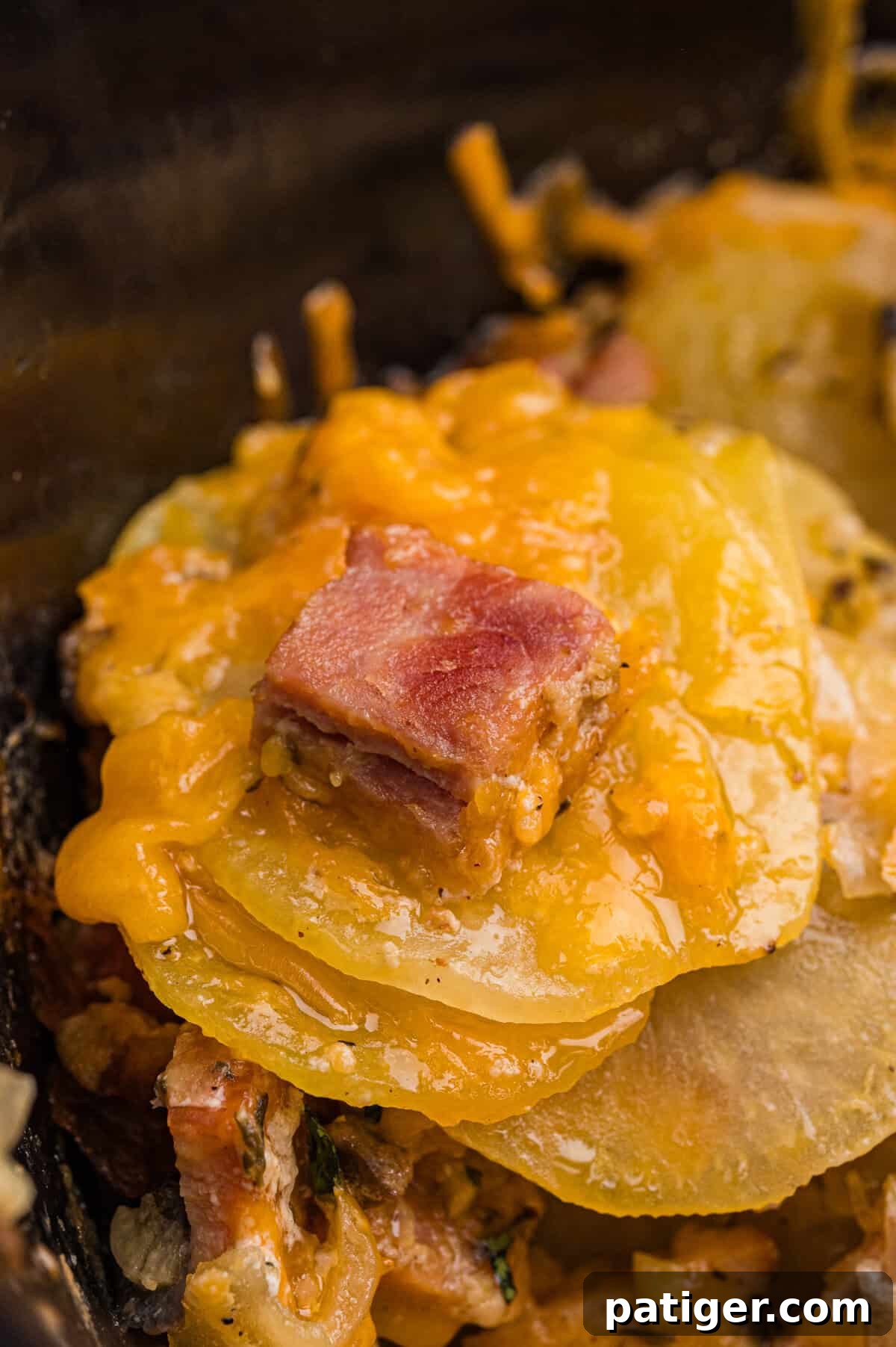 Scalloped potatoes in slow cooker with melted cheese diced ham.