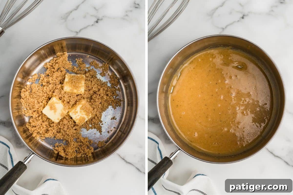 A side-by-side comparison showing a saucepan before and after melting butter and brown sugar into a smooth, rich, golden-brown glaze. The first image shows separate ingredients, and the second shows the perfectly emulsified, glossy glaze.