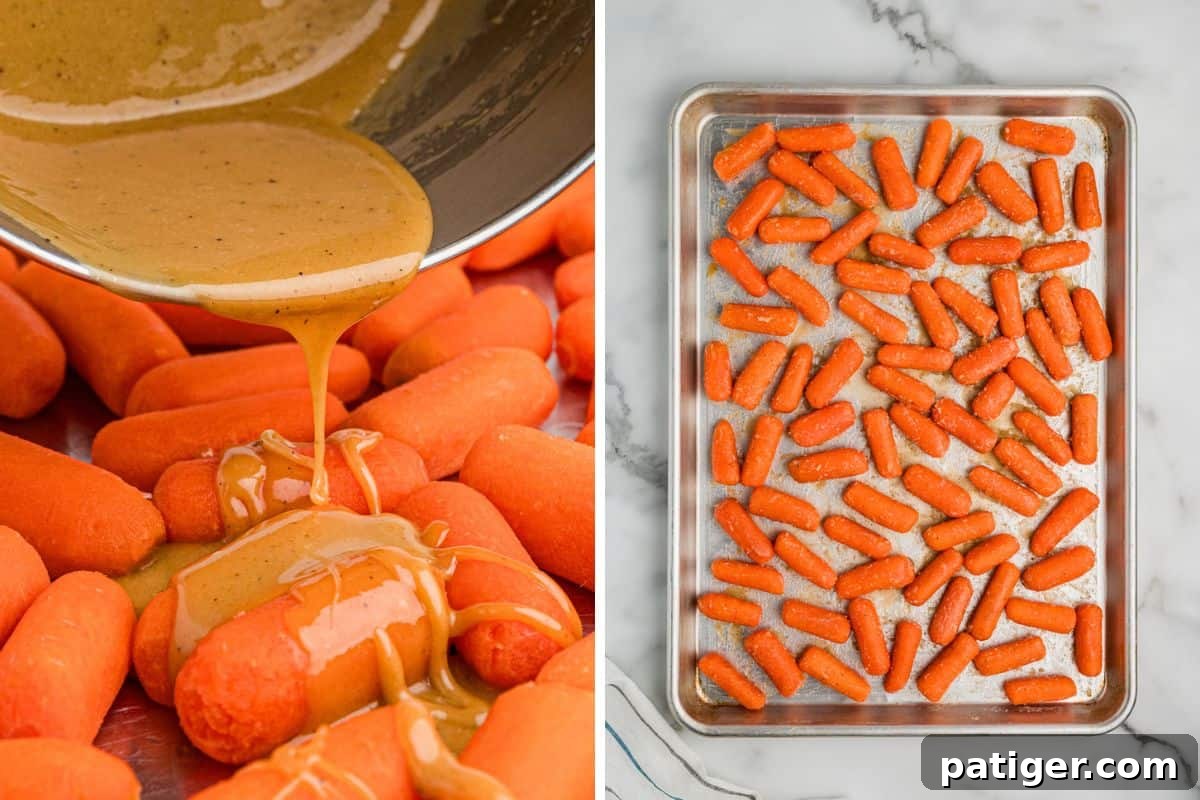 On the left, a thick, golden-brown glaze made of brown sugar, butter, and honey is being poured from a metal bowl over a mound of bright orange baby carrots. The glaze is smooth and glossy. On the right, the same baking sheet shows the baby carrots evenly spread and thoroughly coated with the delicious glaze, ready for roasting.