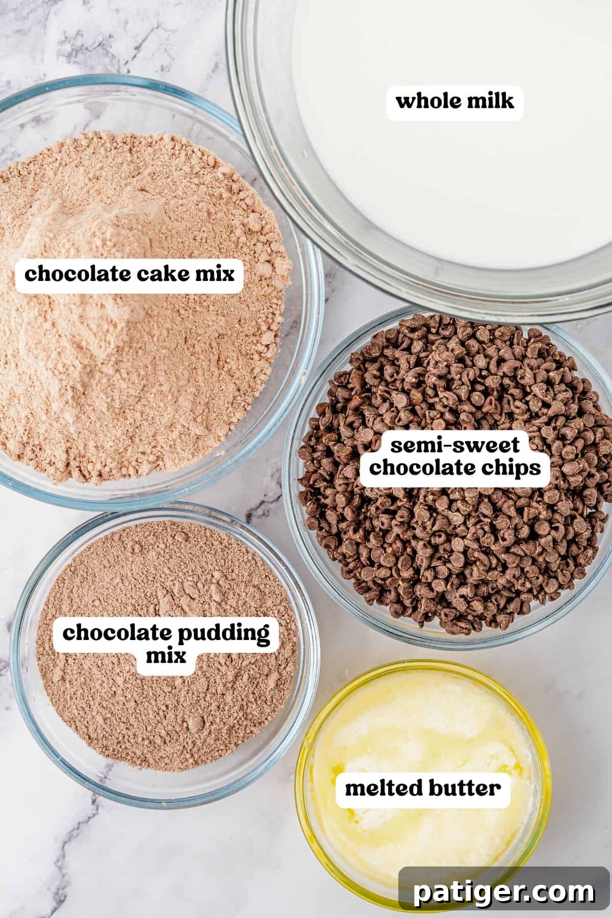 Ingredients for chocolate dump cake neatly arranged in five clear glass bowls: whole milk, chocolate cake mix, semi-sweet chocolate chips, chocolate pudding mix, and melted butter.