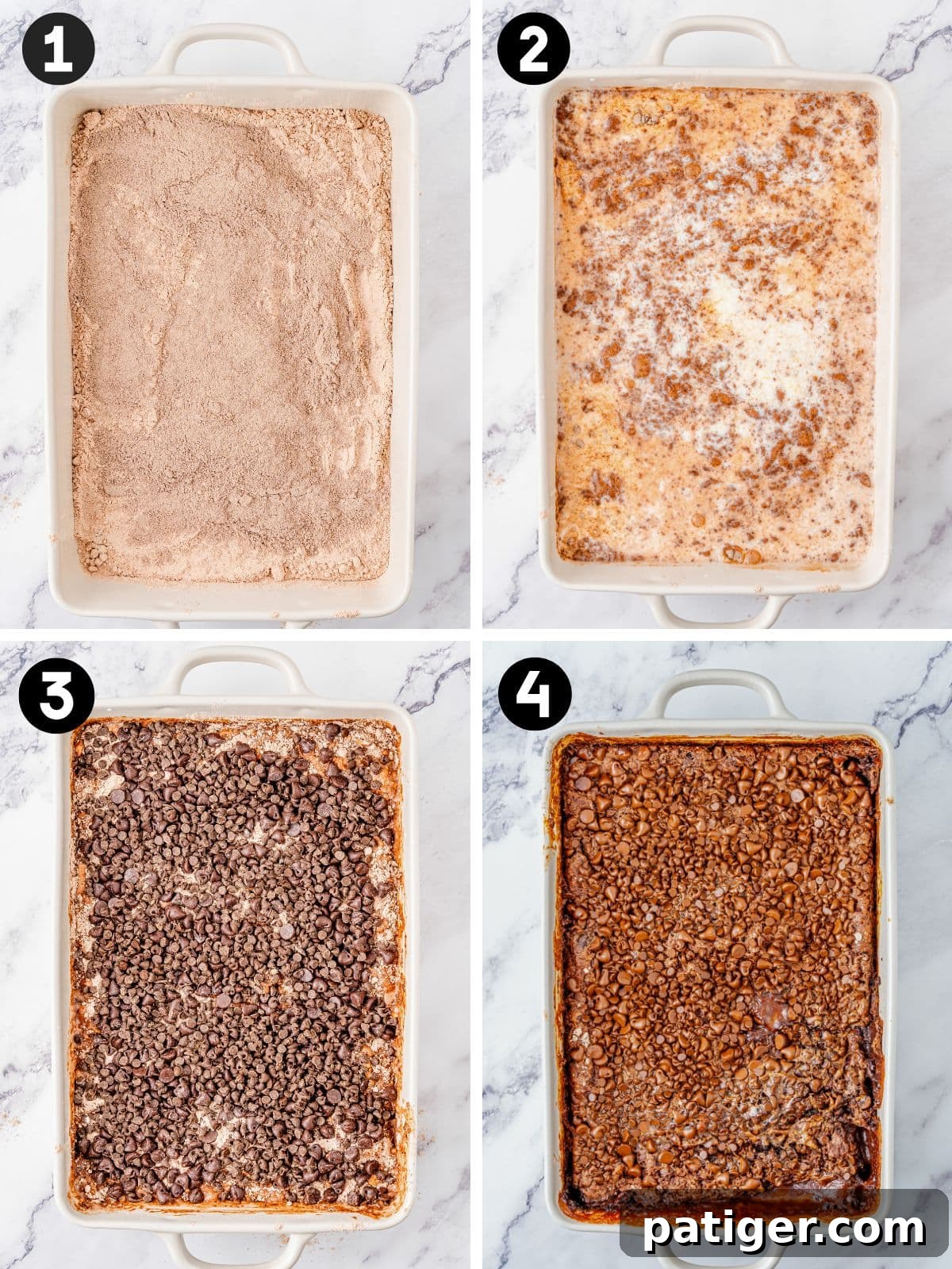 A four-step visual guide demonstrating the simple process of making a chocolate dump cake, from layering ingredients to the final baked result.