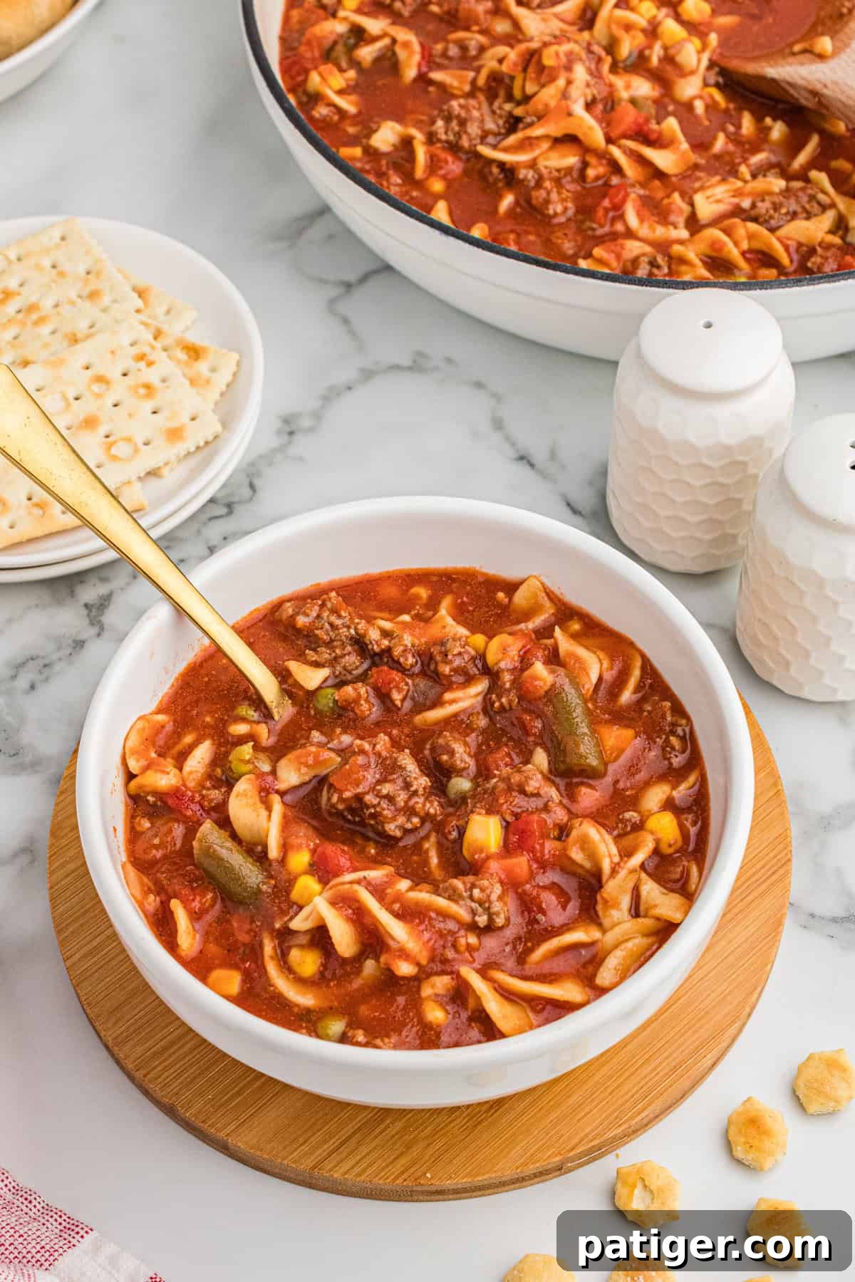 A steaming bowl of hamburger soup with a spoon, surrounded by crispy crackers and a large pot of soup in the background, highlighting its rich texture and ingredients.