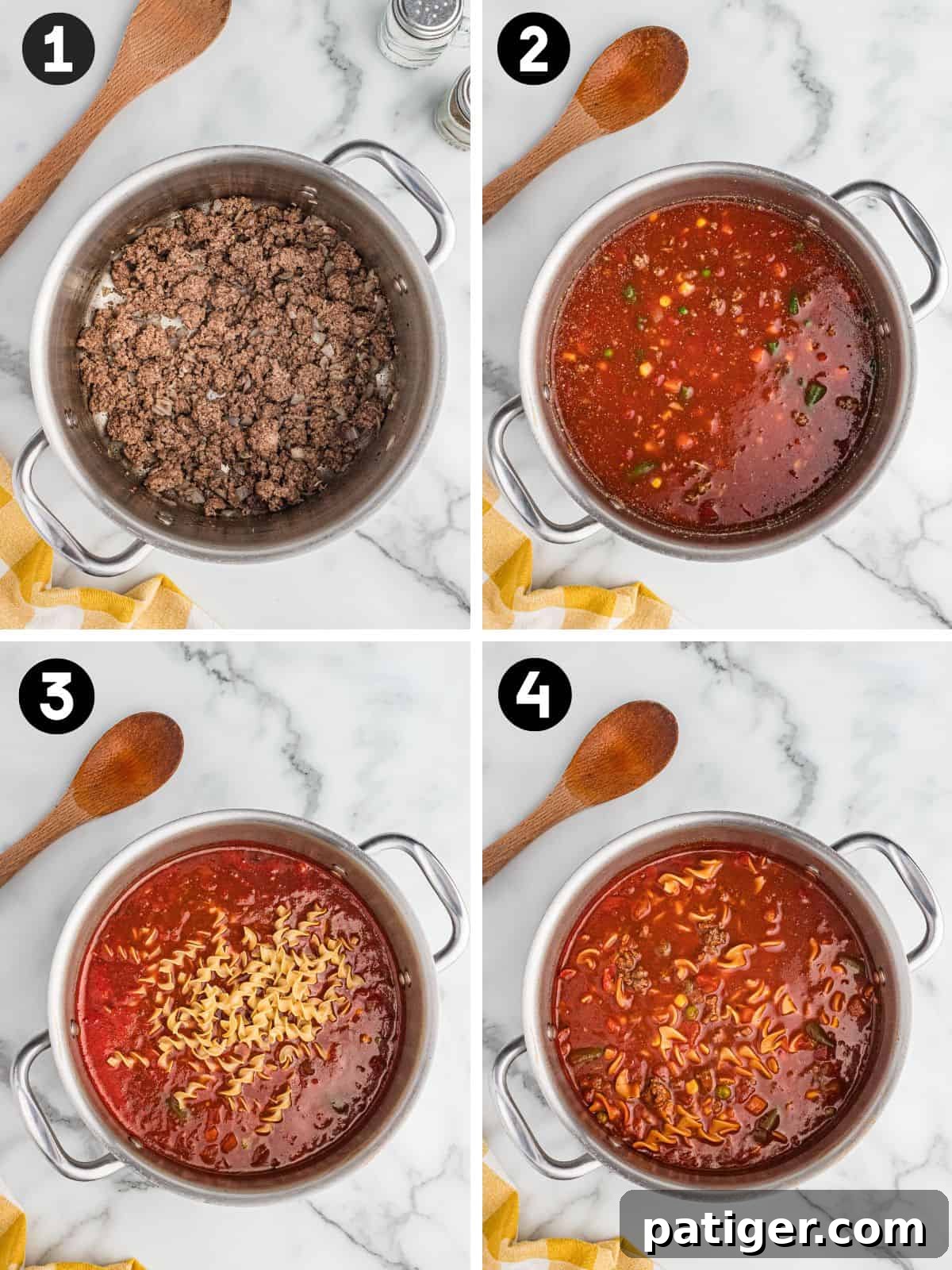 A four-panel collage showing the cooking process for hamburger noodle soup: browning ground beef and onion, adding broth and vegetables, stirring in egg noodles, and the finished soup ready to serve.