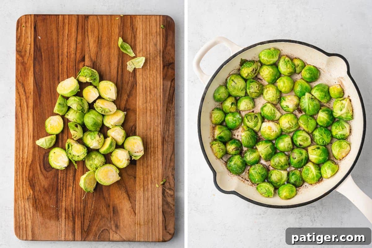 Halved Brussels sprouts on a cutting board and placed cut-side down in a white skillet on the right, beginning to brown.