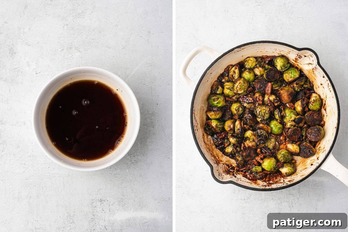 Split image showing a bowl of sauce and a skillet of caramelized Brussels sprouts.