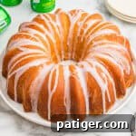 7 Up pound cake with glaze drizzled over the top.