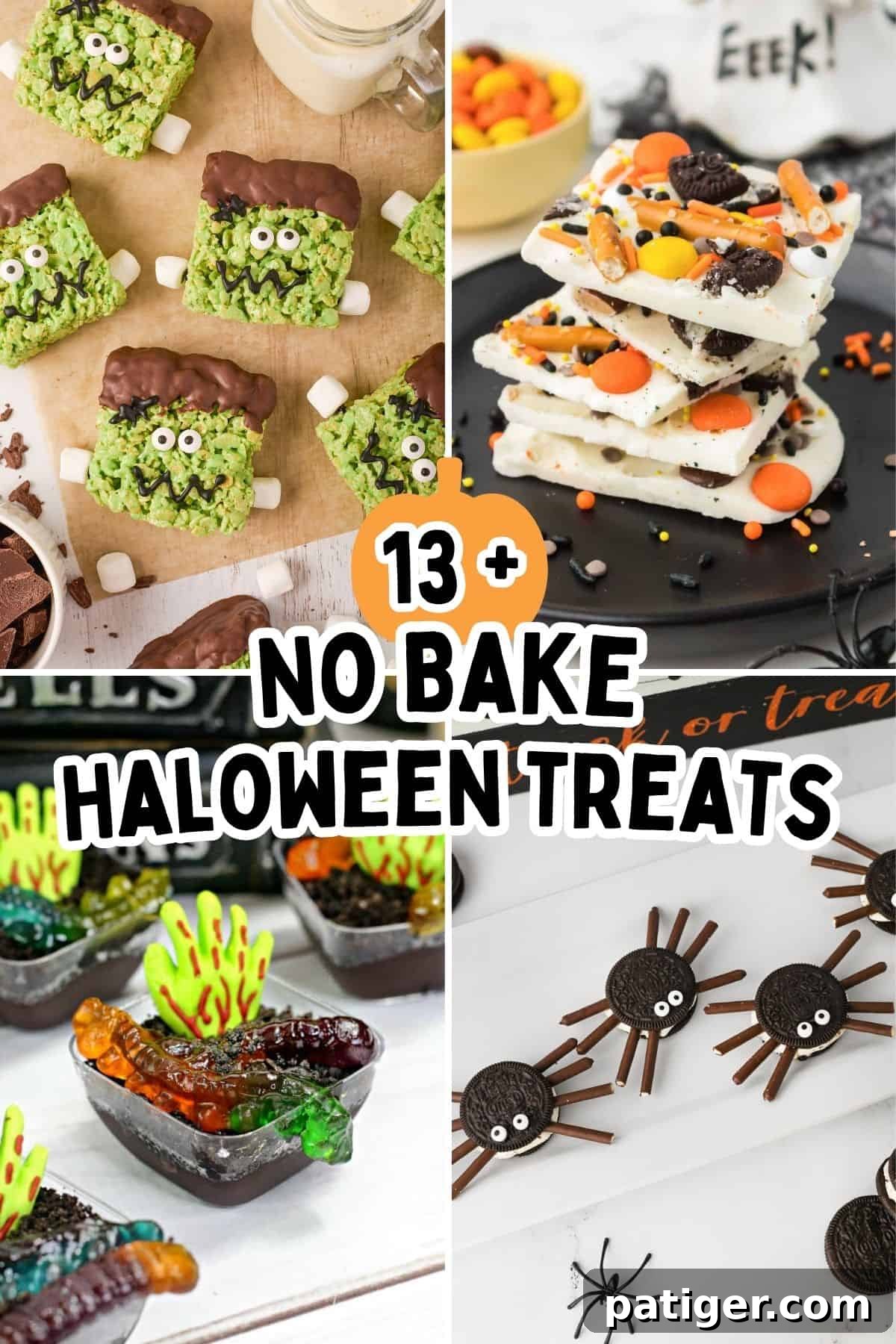 Collage with four no-bake Halloween treats including Frankenstein Rice Krispie treats, Oreo Spiders, and Halloween Bark, with bold text that reads "13+ No Bake Halloween Treats."