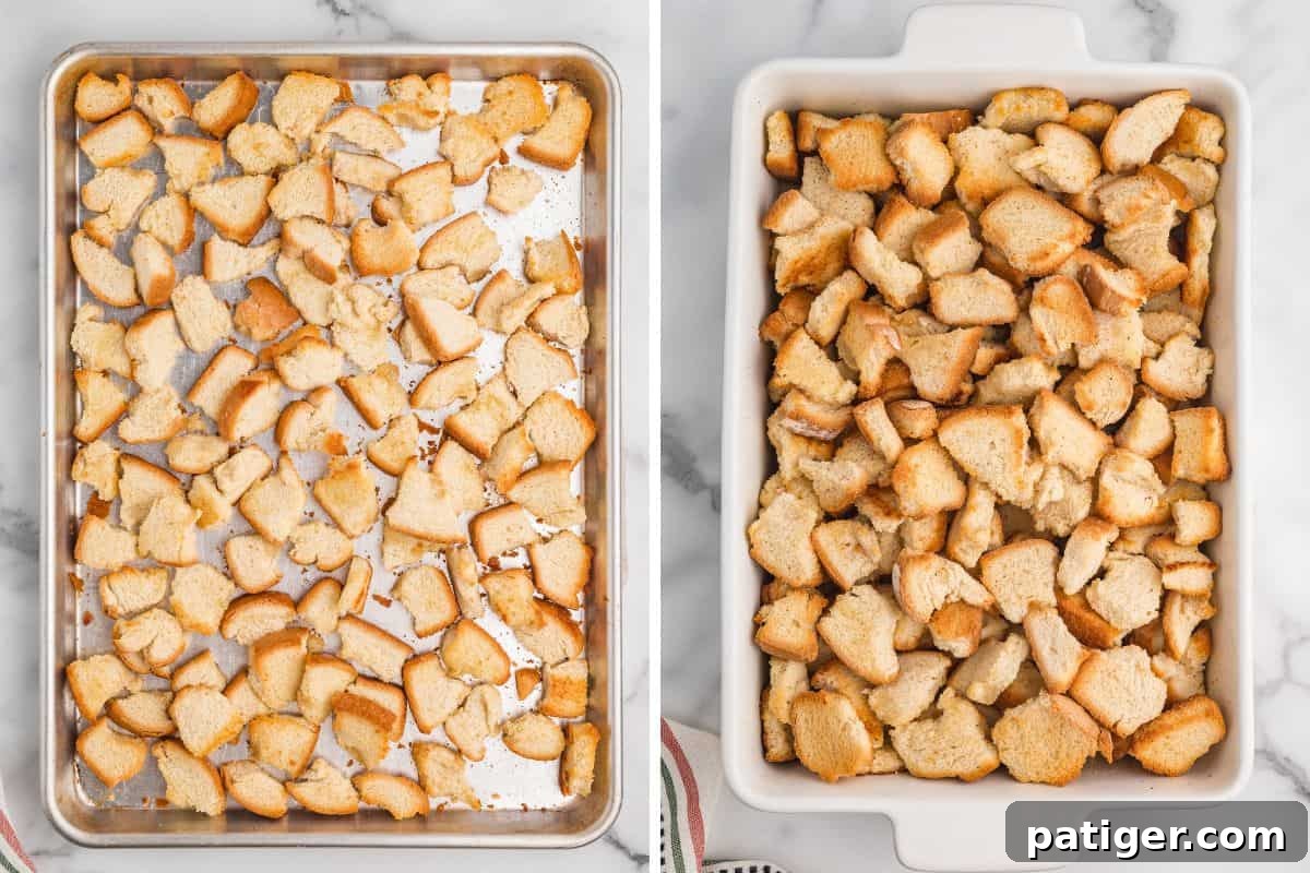 Two images: on the left, a baking sheet holds evenly toasted bread cubes spread out in a single layer; on the right, the same toasted cubes are placed into a white rectangular baking dish.