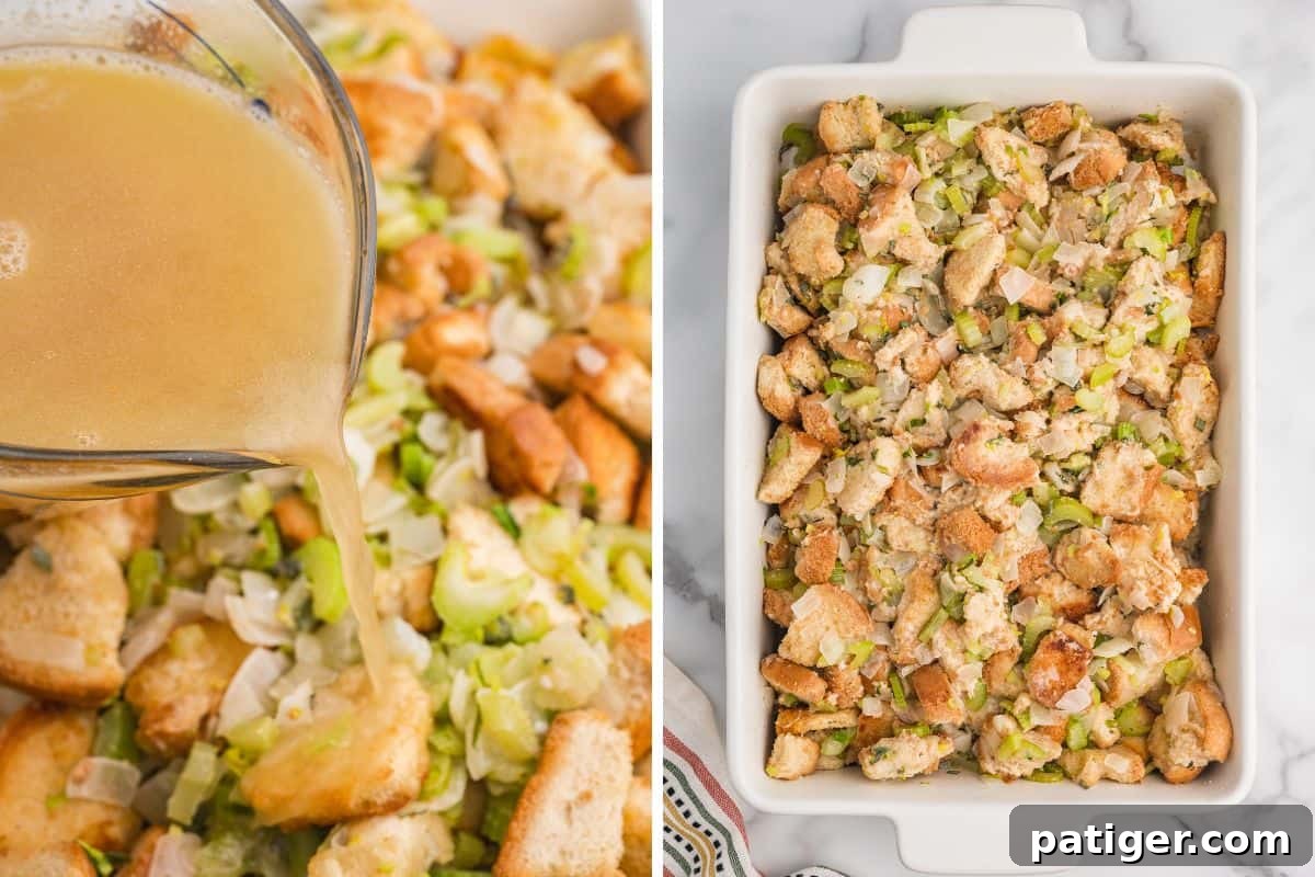 To images: the left side shows broth being poured from a glass measuring cup over a mixture of bread cubes, chopped celery, and onions; the right side shows the moistened unbaked stuffing evenly spread in a white rectangular baking dish.