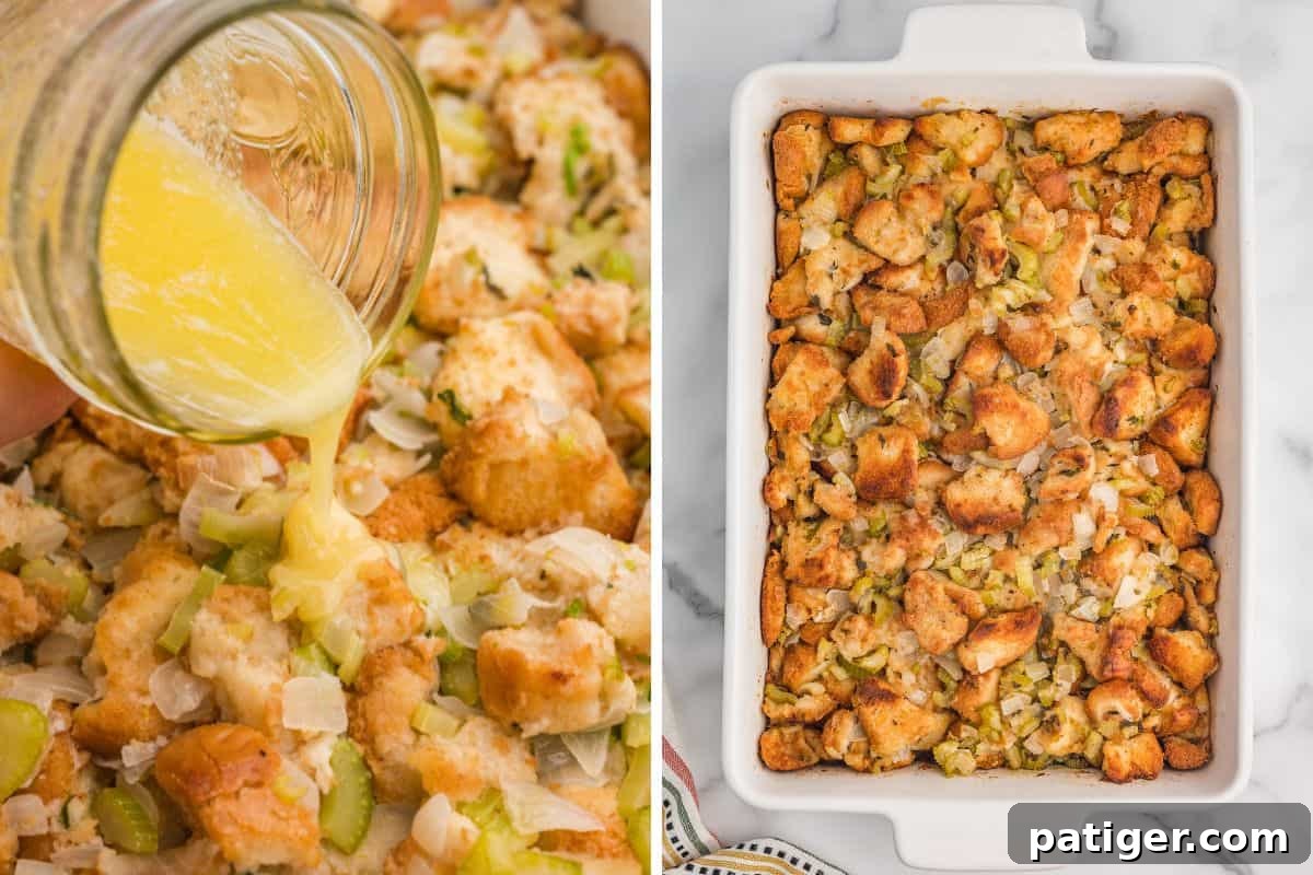 Side-by-side images: on the left, melted butter is poured from a jar onto bread stuffing; on the right, the fully baked old-fashioned stuffing is golden brown and served in a 9 x 13 baking dish.