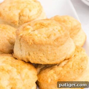 Overhead view of multiple golden brown biscuits piled on a white serving platter, with a honey dipper, bowl of honey, and stacked plates visible in the background.