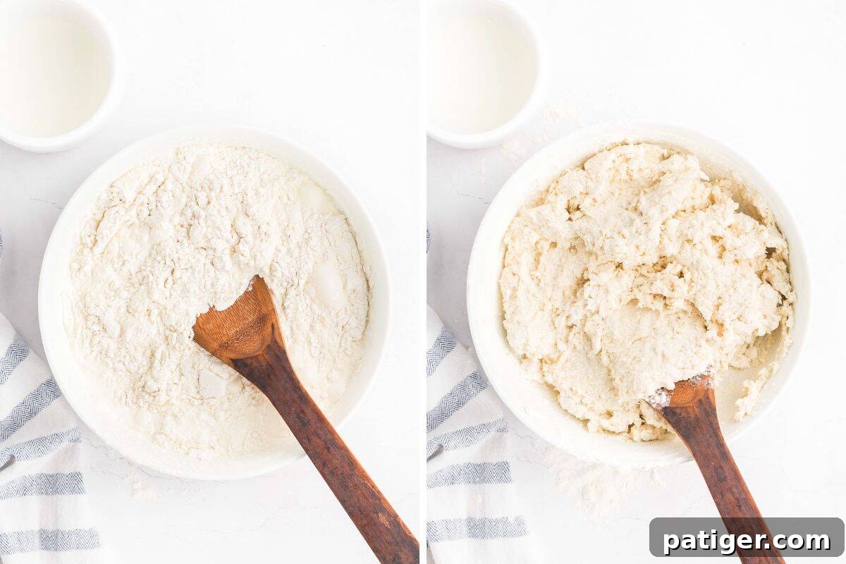 Side-by-side collage showing a white mixing bowl with flour and heavy cream before mixing (left) and the same bowl with biscuit dough partially mixed using a wooden spoon (right).