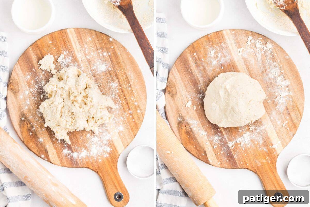 Side-by-side collage showing the dough in its rough, mixed state (left) and formed into a smooth, round dough ball (right) on a floured wooden board with rolling pin and ingredients around.