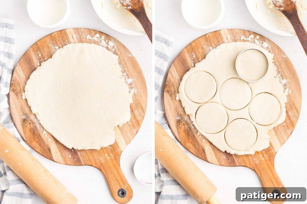 Side-by-side collage with biscuit dough rolled out on a wooden board (left) and the same dough with circular shapes cut using a metal cutter (right). Rolling pin, cream, and flour bowl visible nearby.