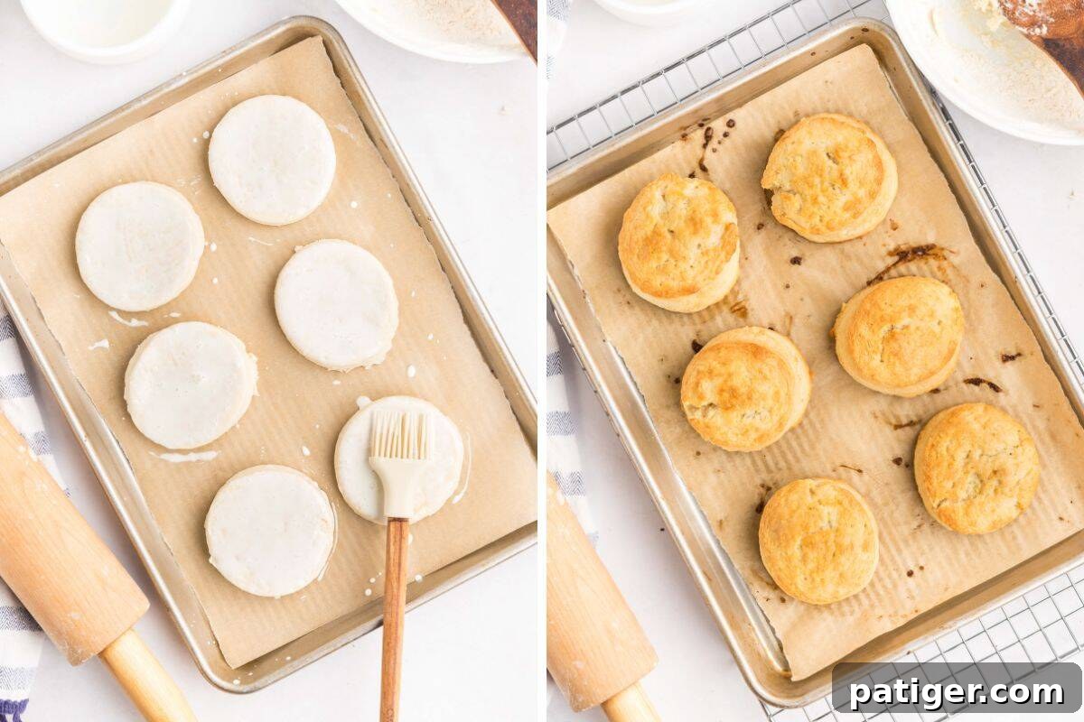 Side-by-side collage showing unbaked biscuit rounds brushed with cream on a parchment-lined baking sheet (left) and golden baked biscuits on the same sheet after baking (right).