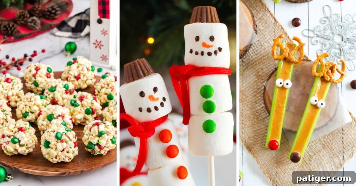 Three festive and easy Christmas snacks for kids: decorated popcorn balls, cute marshmallow snowmen on sticks, and healthy celery reindeer sticks.
