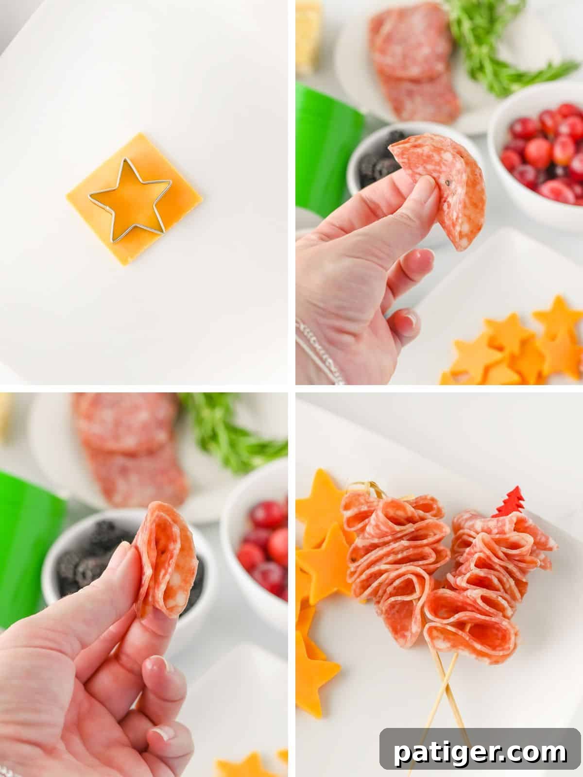 A four-photo collage illustrating the step-by-step assembly of charcuterie cups. Top left shows a star cookie cutter pressing into cheddar cheese. Top right and bottom left depict hands folding salami slices. Bottom right displays two skewers of folded salami resembling miniature trees, surrounded by cheddar cheese stars, ready for cup placement.