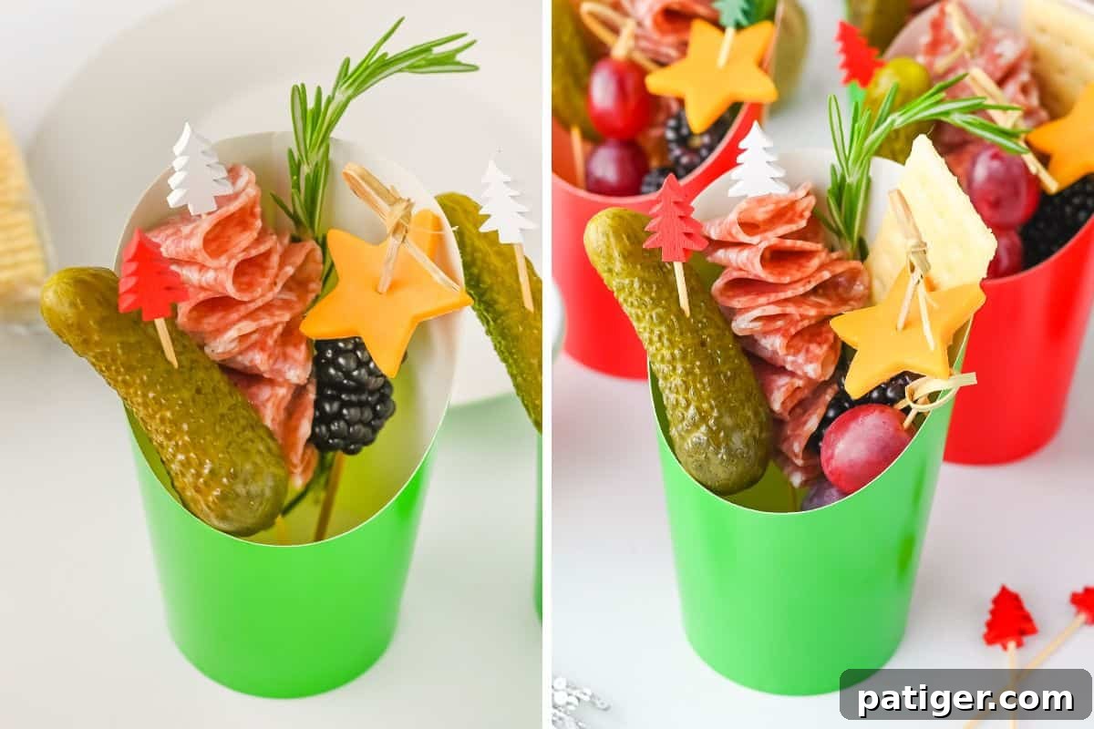 Christmas charcuterie cups are shown with various festive picks, highlighting the process of adding different ingredients and garnishes for a completed look.