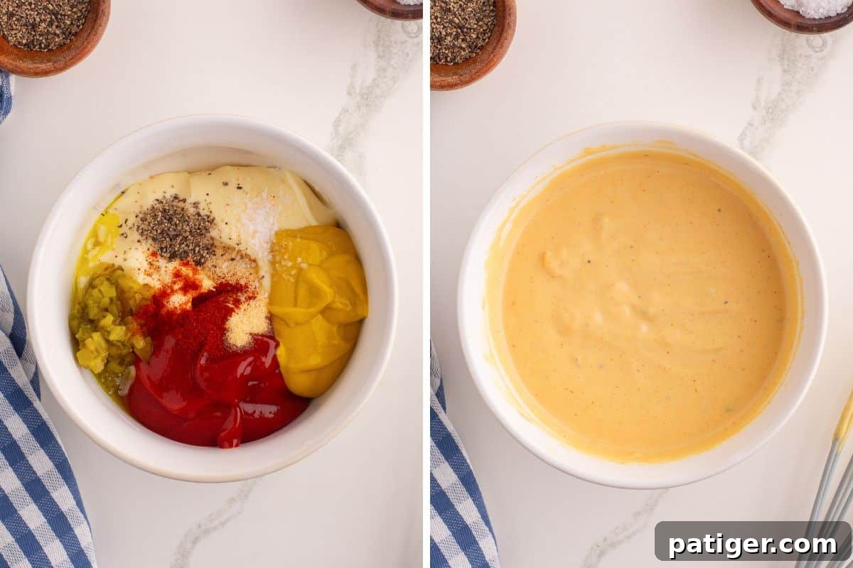 Split image showing the preparation of burger bowl sauce. Left side shows unmixed ingredients in a bowl: mayonnaise, ketchup, mustard, relish, paprika, garlic seasoning, salt, and pepper. Right side shows the same ingredients blended into a creamy orange dressing.