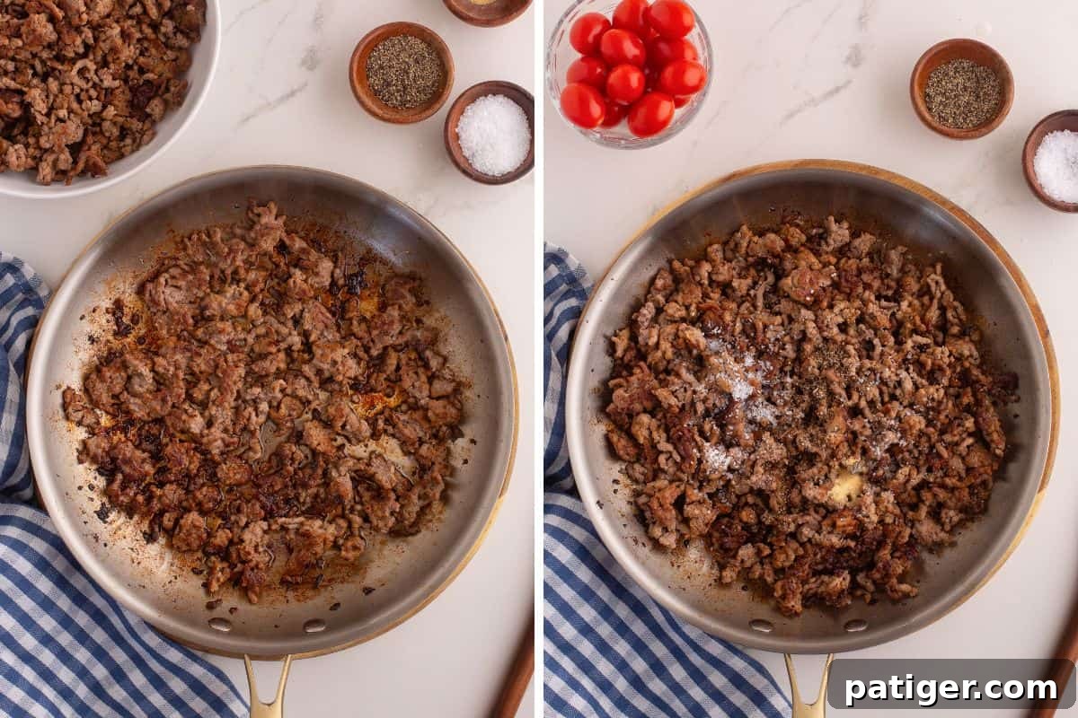 Side-by-side images of ground beef cooking in a pan, seasoned with salt and pepper.