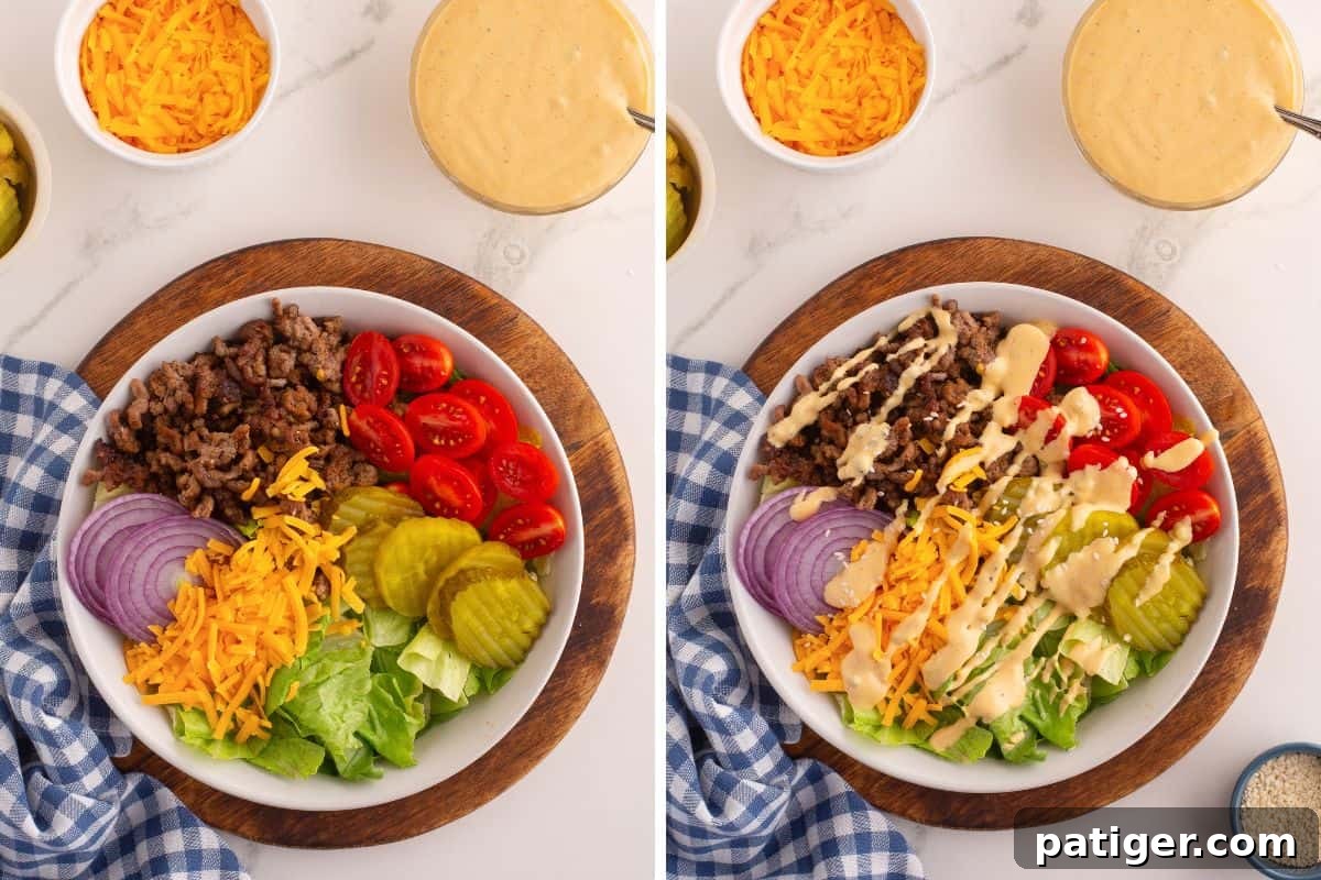 Side-by-side images showing a burger bowl before and after dressing is added. Both bowls contain ground beef, halved cherry tomatoes, sliced dill pickles, shredded cheddar cheese, red onion slices, and chopped lettuce arranged in sections. The left image shows the ingredients undressed; the right image shows the same bowl with creamy dressing drizzled over the top and a sprinkle of sesame seeds.