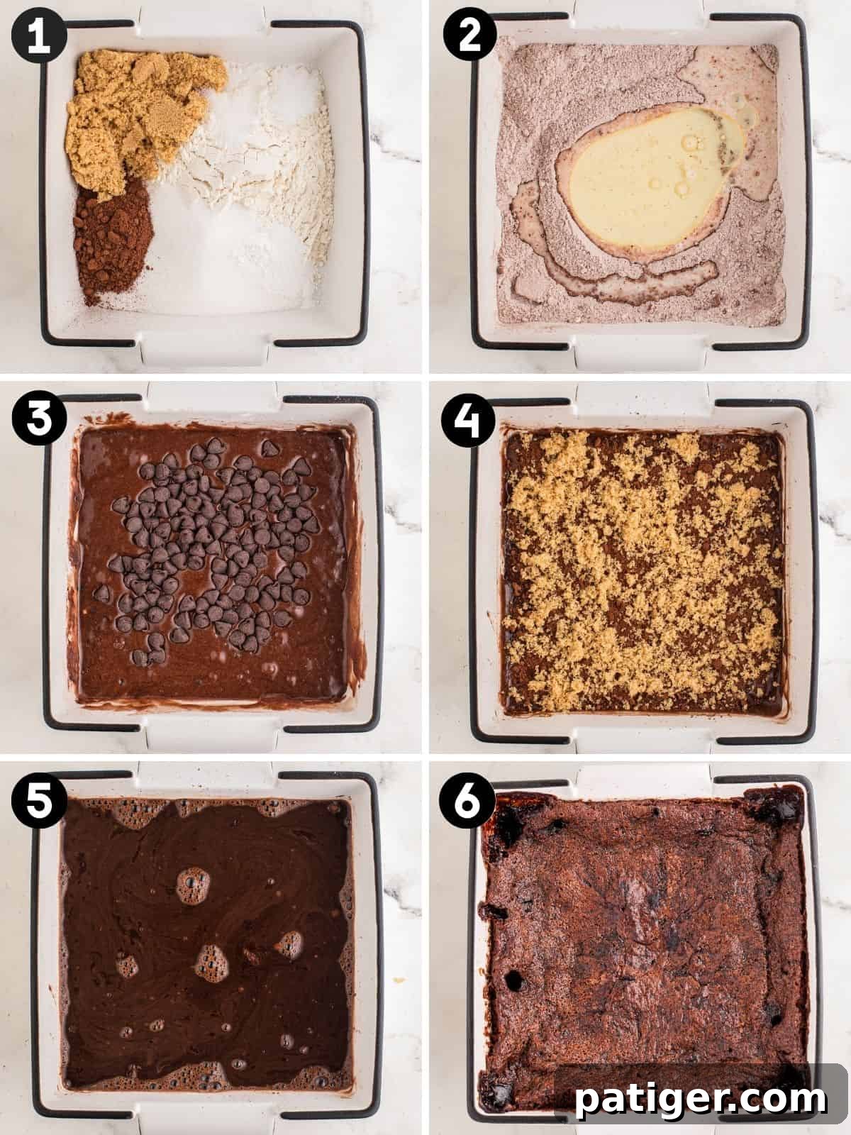 A visual guide in six panels demonstrating the creation of chocolate pudding cake within a square baking dish: 1. Dry ingredients mixed in the dish. 2. Wet ingredients being added to the center of the dry mix. 3. Batter topped with semi-sweet chocolate chips. 4. A generous sprinkle of brown sugar over the chocolate chip-covered batter. 5. Hot liquid gently poured over the entire surface. 6. The finished, baked cake showcasing a firm top and darker, set edges, ready to be enjoyed.