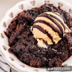 A delicious slice of chocolate pudding cake, showcasing its distinct cake and rich pudding layers. It is elegantly presented, ready to be enjoyed.