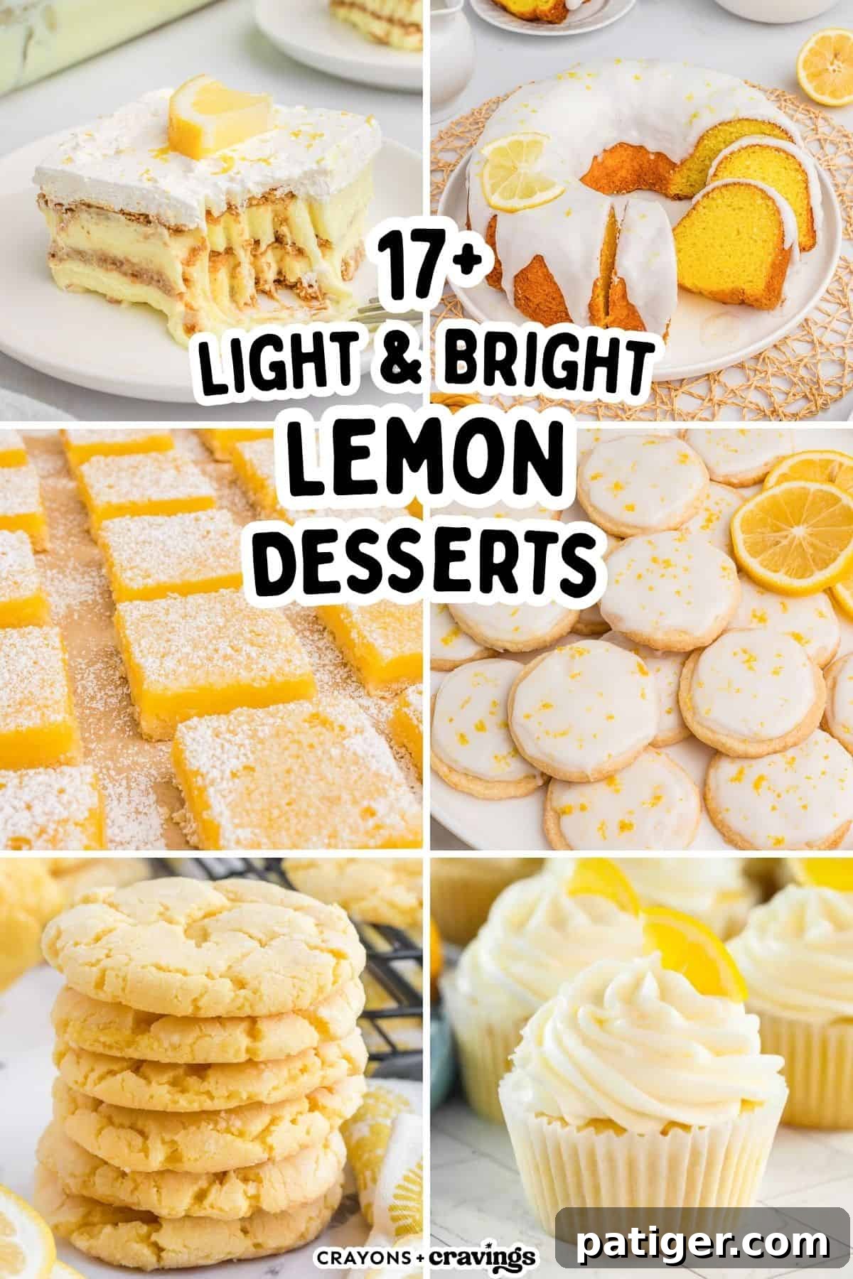 A vibrant collage showcasing an array of lemon desserts: a slice of layered lemon dessert, a glazed lemon bundt cake, classic lemon bars dusted with powdered sugar, iced lemon cookies with visible zest, stacked soft lemon cookies, and beautifully frosted lemon cupcakes. The text overlay reads “17+ Light & Bright Lemon Desserts.”