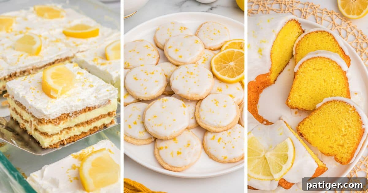 A collection of delectable lemon desserts, including layered lemon bars, soft lemon cookies, and a elegantly glazed lemon bundt cake, set against a bright backdrop.