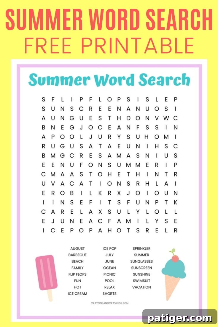 Free Summer word search printable worksheet with 23 Summer themed vocabulary words. Perfect for the classroom or as a fun seasonal activity at home.