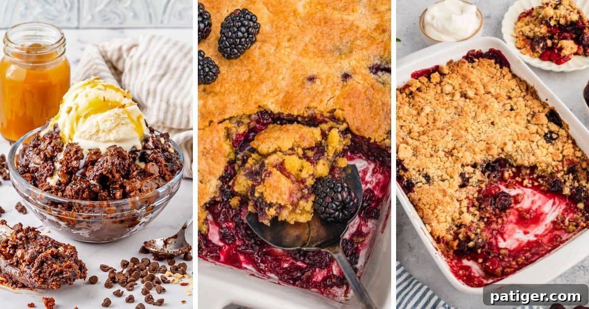 Three easy desserts including chocolate dump cake, blackberry dump cake, and cherry cobbler.