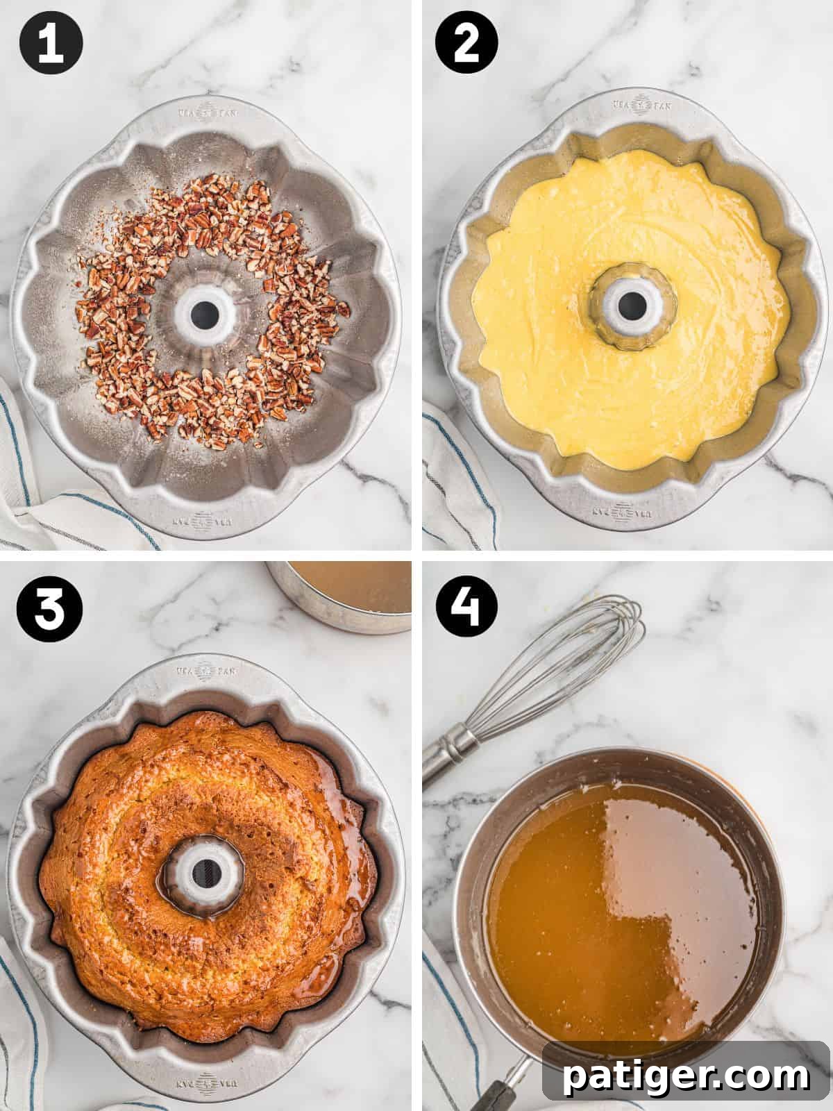 Step collage for cake mix rum cake: pecans in a bundt pan, batter poured, baked cake, and rum glaze whisked.