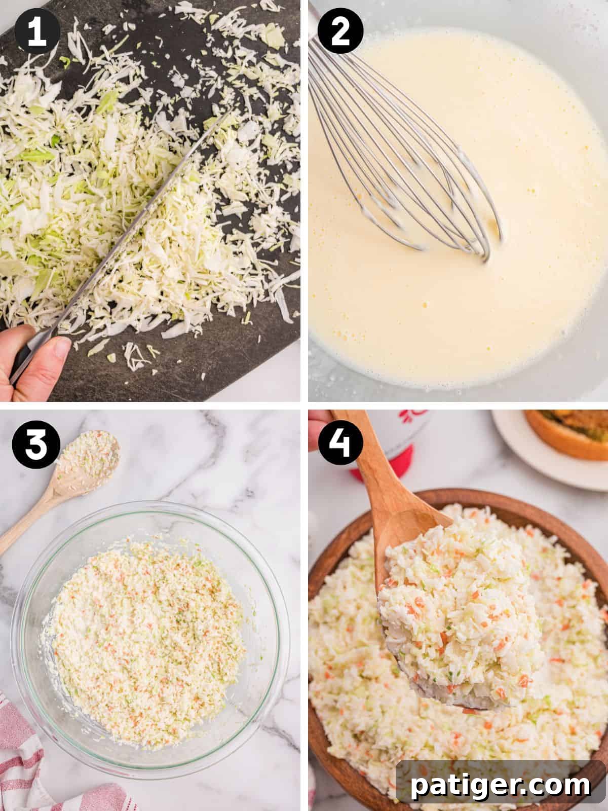 Four-step process collage: chopping cabbage, whisking the dressing, mixing the coleslaw, and serving with a wooden spoon.