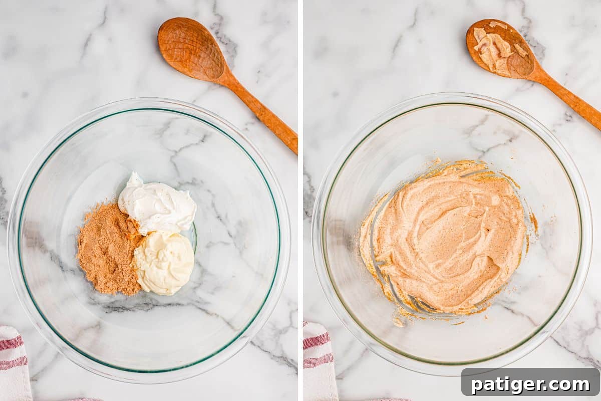 Sour cream, mayonnaise, and taco seasoning in a glass bowl on the left, whisked into a smooth orange dressing on the right.