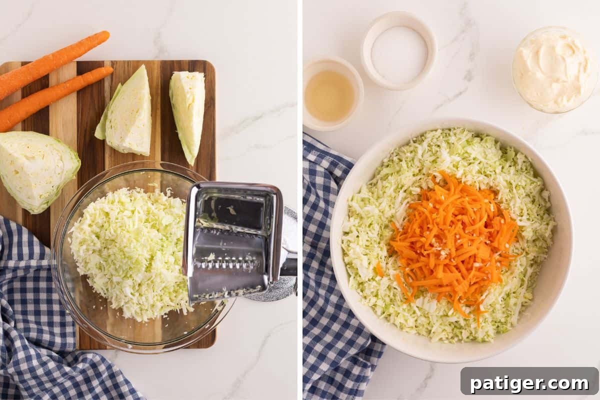 Left: cabbage being shredded on a wood board with a box grater and a glass bowl. Right: shredded cabbage and carrots in a white bowl with the dressing ingredients on the side.